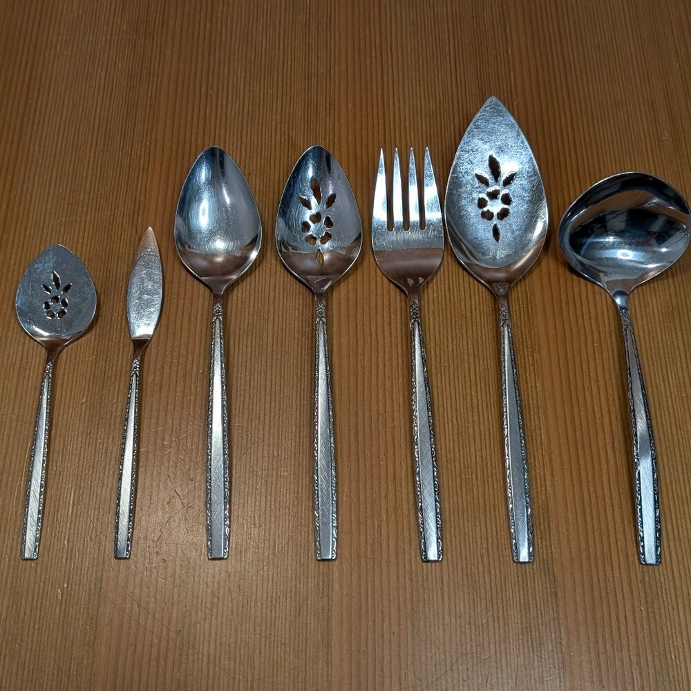Oneida Community VIA ROMA Stainless 7pc Serving Set Spoon Ladle Fork Pie Lot GUC